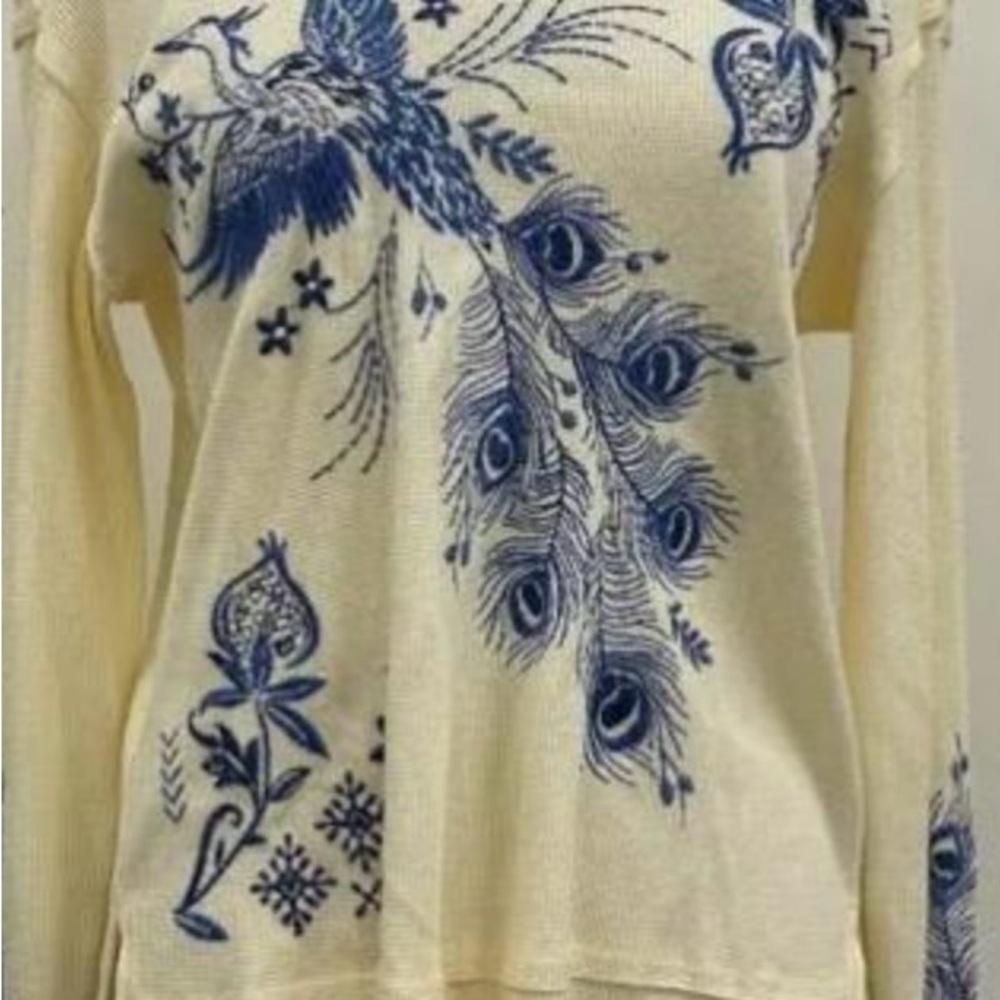 Johnny Was Cream and Blue Peacock Embroidered Shirt NEW WITH TAGS L/S Size small - Picture 7 of 11